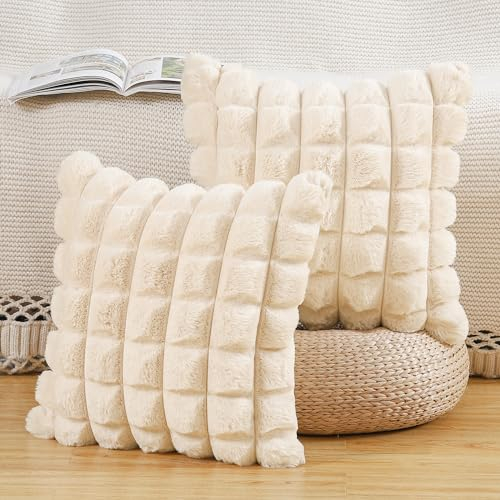 Madizz Lot de 2 À Carreaux Housses de Coussin en Peluche en Fausse Fourrure Housse de Coussin décorative Douce moelleuses pour Coussin de Chambre à Coucher de canapé Beige 45x45 cm