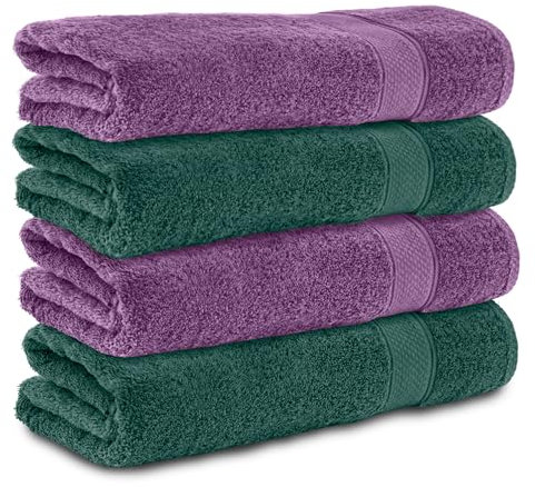 Komfortec 4er Handtücher 50x100 cm Set aus 100% Baumwolle, Frottee, Weich, Dunkelgrün/Violett