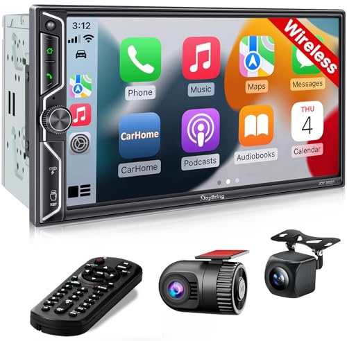 SJoyBring [QLED Screen Upgrade] 7 Double Din Car Stereo with Dash Cam, Wireless Apple CarPlay and Android Auto, Bluetooth, 240W 4.2-Channel Audio Output, MirrorLink, Backup Camera, AM/FM Car Radio