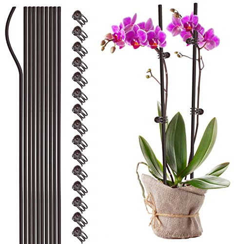 INIFLM 10 Stück Pflanzenstäbchen-Stütze, Biegbare Metall-Orchideenstäbe mit 15 Ranken-Befestigungsclips, Gartenpflanzen-Stützstäbe für Topfpflanzen und Zimmerpflanzen(60cm Braun)