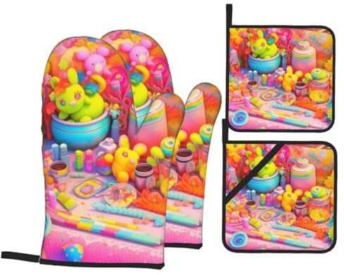 Cute Colorful Handmade Toys Baking Gloves (Set Of 4) Oven Gloves, Heat-Resistant Oven Gloves, Essential For The Kitchen, Soft And Thick, Protect Hands, Easy Cooking