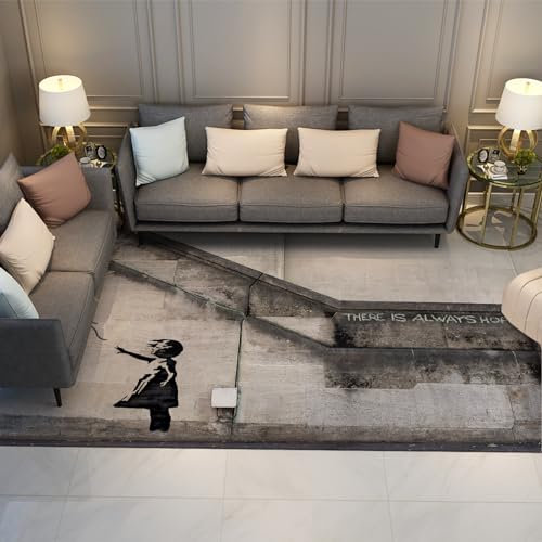 UERWOWELL Graue Teppiche für Wohnzimmer Großer waschbarer Teppich mit Rutschfester Rückseite Banksy Ballonmädchen Teppich für Schlafzimmer Kinderzimmer Home Office 180x250cm