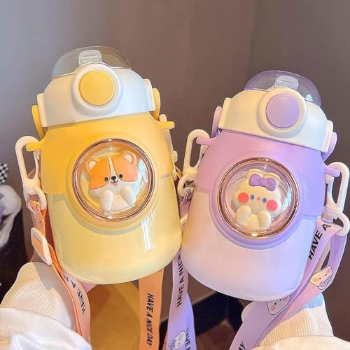 excvalues Kawaii Wasserflasche mit Strohhalm, süße Reise-Wasserflasche mit verstellbarem Riemen, auslaufsicher, BPA-frei, breite Öffnung, Wasserbecher mit Deckel für Mädchen, Schule (lila)