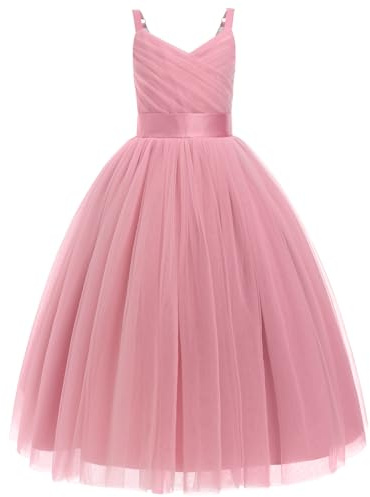 IMEKIS Vestito per bambine e ragazze, per damigella d'onore, senza maniche, con scollo a V, con volant, in tulle, elegante, per la prima comunione, per il compleanno, per la festa