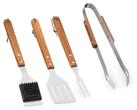 Relaxdays Set Accessori Barbecue, 4 Attrezzi BBQ, Spatola, Pinza, Spazzola, Spiedo, Acciaio Inox, Legno, Marrone Argento, 33,5-37 cm