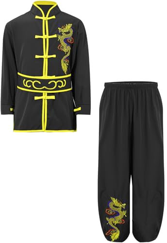 RUNQHUI Unisexe Enfant Vêtement Arts Martiaux Costume Chinois Traditionnel Tenue Uniforme Tai Chi Kung Fu Shaolin 3-16 Ans Noir 9-10 ans