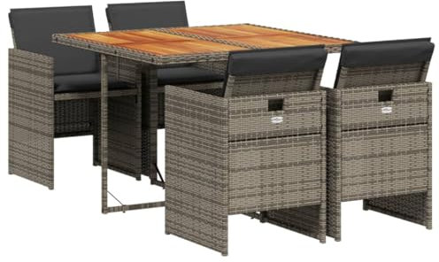 vidaXL Garten Essgruppe 5-TLG., Gartenmöbel Set mit Kissen, Gartengarnitur Tisch 4 Stühle, Lounge Sitzgruppe Sitzgarnitur, Grau Poly Rattan