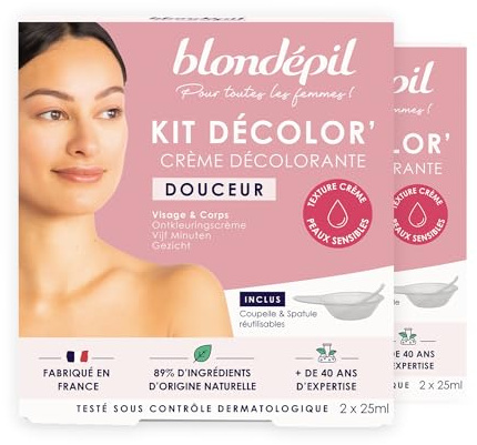 Blondépil - Lot de 2 Crèmes décolorantes douceur. Creme decolorante visage & corps. Decolorant poils visage & corps. Peaux sensibles. 89% d’ingrédients d’origine naturelle. Made in France. 2x25ml