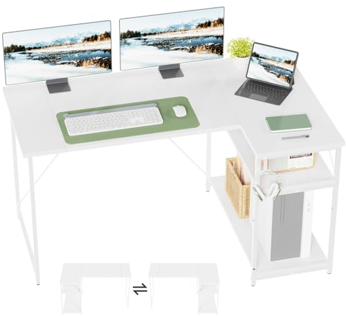 TRIUMPHKEY Scrivania ad Angolo Reversibile 140 x 80cm, Scrivania a Forma di L con Ripiani,Tavolo da Lavoro,Struttura in Acciaio, per Computer, Ufficio, Studio and Soggiorno, Bianco
