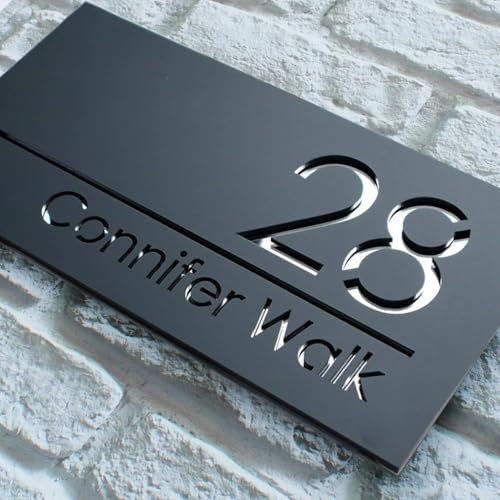 Lasergeschnittenes 3D-Hausnummernschild aus Acryl, personalisierbar, schwarz, matt, Außendekoration (Schwarz / Silber)