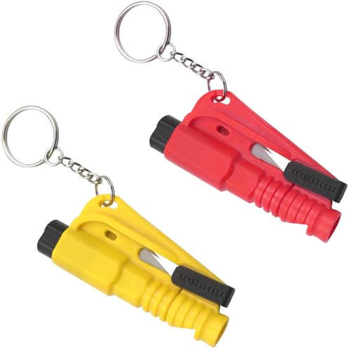 VEGCOO 2 Pièces Porte-clés de Sécurité pour Voiture, Marteau d'urgence pour Ceinture de Sécurité, Brise-vitre et Coupe-ceinture de Sécurité et Sifflet de Survie 3-en-1 Multi-outils (rouge, jaune)