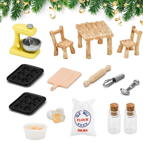 CAREDGO 15 Stück Mini Puppenhaus Zubehör Küche Miniatur Wichtel Weihnachten Tisch Puppenzubehör für Wichtelhaus Holz DIY Deko Mädchen