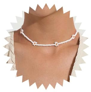 Inateannal Boho Saatgut Perlen Choker Halskette Weiß Reis Perle Blume Halskette Kurz Saatgut Perlen Kette Halskette Perlen Blume Kragen Halskette Schmuck Für Frauen