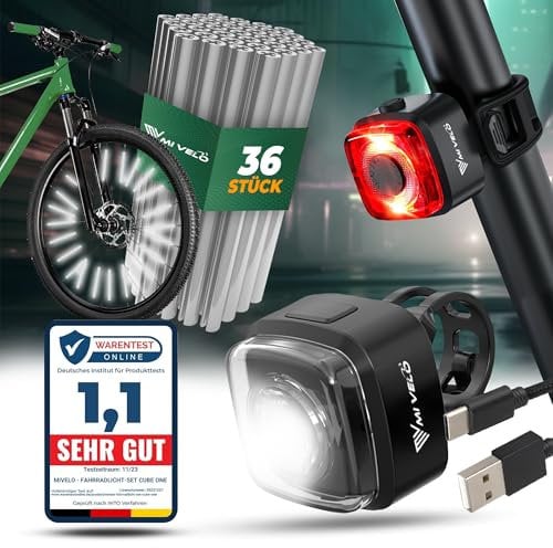 MIVELO Cube Fahrradlicht StVZO zugelassen Fahrradbeleuchtung USB-aufladbar & 100% wasserdicht LED Fahrrad Licht vorne hinten, Fahrradlampe (Cube ONE + Reflektoren)