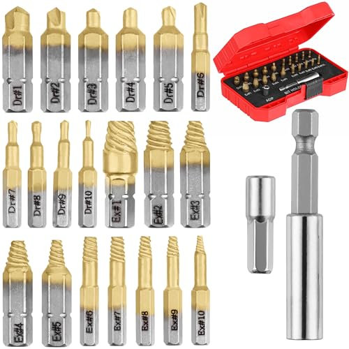 Mata1 - Set di estrattori di viti in titanio per viti rotte e danneggiate - 22 pezzi, argento e oro - Kit di rimozione con punte da trapano, estrattori, estensione per punte e adattatore per bussola