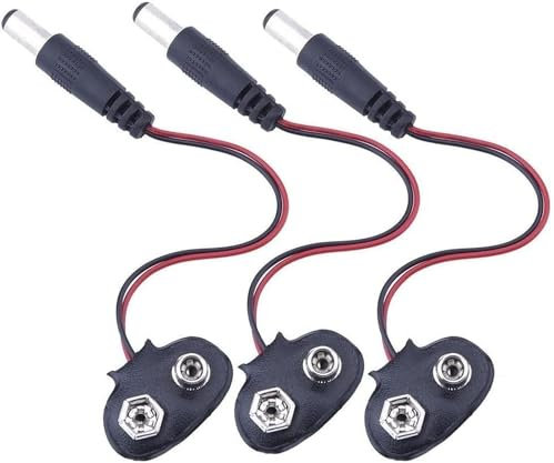 AYMBH PP3 9V Battery Buckle Snaps Power Cable Clip with 5.5mm x 2.1mm DC Male Connector (Pack of 3) - Ideal for Arduino, DIY, CCTV, and LED Projects T-Type Connector, Durable PVC Cord, Easy to Connect