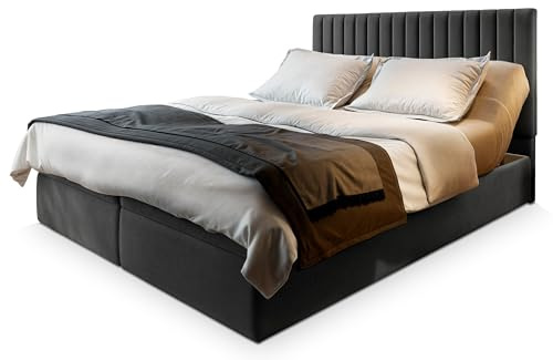 Masseno Boxspringbett MURLO 180x200 cm Komplett-Set mit Matratze und Topper, Polsterbett mit Zwei Bettkästen -Grau, Paros 06