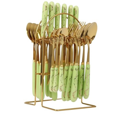 Chynalys 24 Pieces 410 Stainless Steel Cutlery Set with Holder, Forks Knives and Spoons Set, 6* Knives, 6* Spoons, 6* Forks, 6* Teaspoons, Hanging Cutlery Set with Stand (Green)