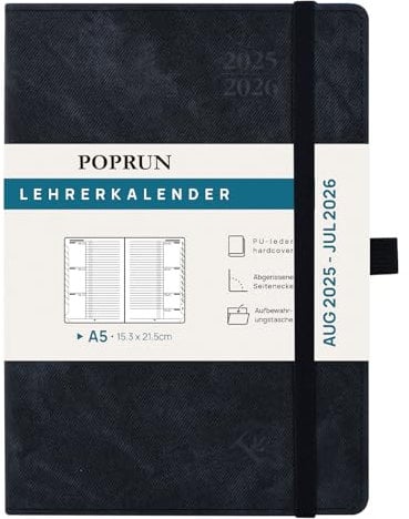 POPRUN Lehrerkalender 2025 2026 DIN A5 - Lehrerplaner 25/26 für die Unterrichtsvorbereitung mit Monatliches Register. Schulplaner mit PU-Leder Hardcover für Lehrerinnen und Lehrer - Schwarz