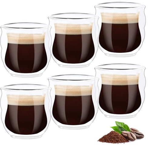 UWOBEFO 6 Pezzi Tazzine Caffe Vetro 80ml Set Bicchieri Caffe Vetro Tazze Cappuccino Tazza Trasparente Doppia Parete Bicchieri Doppio Cappuccino Tazzine Espresso per Latte Macchiato Whiskey Caffè