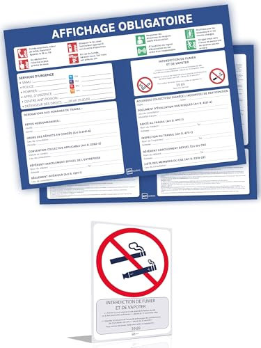 Affichage Obligatoire entreprise 2025 - Conforme au Code du Travail 2025 – Lot de 2 affiches adhésives (21x30cm) + 1 Affiche Interdiction de Fumer (15x21cm) Offerte – Résistant aux intempéries