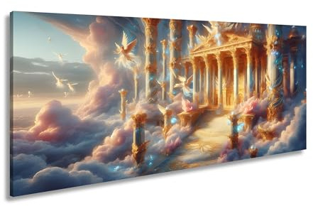Leinwandbild Himmlischer Palast aus Licht, Gold und schwebenden Engeln. Panorama 100x50cm XXL Kunstdruck Bild auf Keilrahmen/Wandbild/Wohnzimmer Dekoration