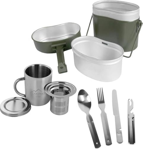 normani Outdoor Camping Geschirr-Set Kochgeschirr - Aluminium Kochtopf, 5 in 1 Besteck, Thermotasse mit Teesieb - Wohnmobil, Zelten, Picknick, Wandern oder Grillen Farbe Oliv