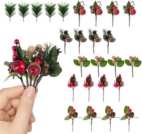 Hopton 25 Stück Weihnachtsbeeren Picks,Künstliche Tannenzweige Wie Echt | Tannenzapfen Rote Beeren Deko Weihnachten,Beerenzweig Künstlich für Weihnachtsdeko,DIY Weihnachtskränze, Blumen Und Geschenke