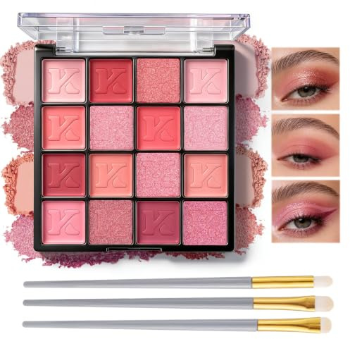 Prreal 16 Colours Eyeshadow Palette, Pink Eyeshadow Matte Glitter | Highly Pigmented Colorful Eye Shadow Powder with Brushes for Daily, Birthday, Concert, Carnival Festival Eye Makeup, Pink