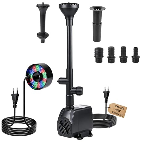 EXLECO Teichpumpe Außen Springbrunnenpumpe mit Lampe 2500L/H 45W Tauchpumpe | Bachlaufpumpe mit 30 Farbige Lichter 4 Düse 3M Kabel 3 Köpfen, Wasser Pumpe Brunnenpumpe für Teichbecken Steingarten
