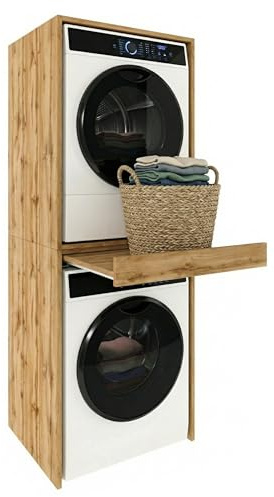 möbelkap ModernHome Waschmaschinenregal für Waschmaschine und Trockner | Waschturm Schrank mit ausziehbarer Ablage | Waschraum Möbel | Eiche Wotan | Schrank für Waschküche mit Stauraum