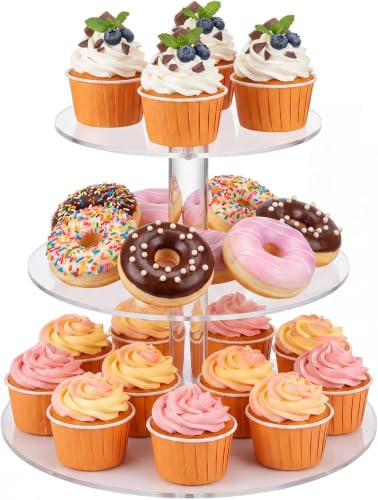 Dexpally Cupcake Ständer, Tortenständer 3 Etagen Rund Acryl, Transparenter Wiederverwendbarer Kuchen Dessert Halter, für Hochzeiten, Geburtstage, Babypartys, Halloween-Feiern und Teepartys