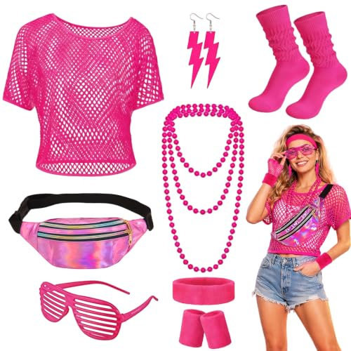 BORISCA 80er Jahre Accessoires Damen 90er Set, mit Oberteil, Gürteltasche, Socken, Haarband, Halskette, Ohrringe, Brille, 80er 90er Jahre Accessoires Outfit Damen 80s für Karneval Neon Party