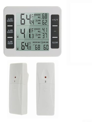 Wireless Digital Thermometer Indoor Outdoor with 2 Sensors - LCD Fridge Freezer Monitor Alarm - UK Ready(2X sensor)