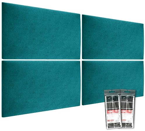 MOLLIS - Lot de 4 Panneaux muraux rectangulaires et décoratifs - en Mousse - pour tête de lit ou Protection Contre Les Chocs - Réduit Le Son et améliore l'acoustique - 60 x 30 cm - Turquoise