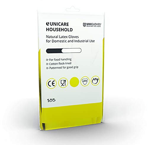 Unigloves Unicare Household Power-Free Reusable Household Latex Gloves, 1 Pair, Yellow, Small (UCHG3002Y)