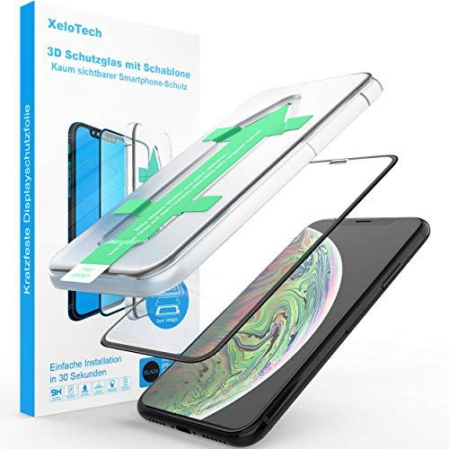 XeloTech 3D/4D Schutzglas für iPhone 11 Pro Max & XS MAX mit Schablone - Kompletter Vollglas Display-Schutz - Hochwertige Glasfolie mit Randschutz