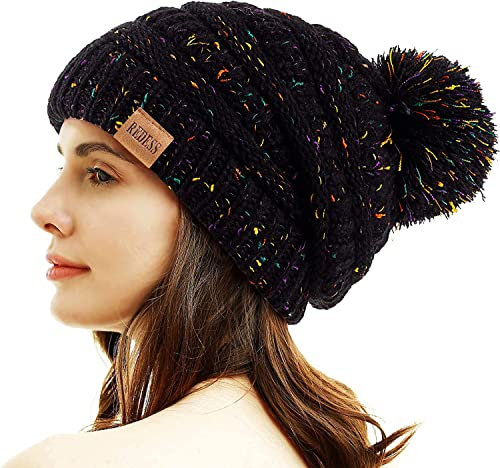 REDESS Damen Winter Pom Pom Beanie Mütze mit warmem Fleece gefüttert, Dicker Slouchy Snow Knit Chunky Baggy Skull Ski Cap