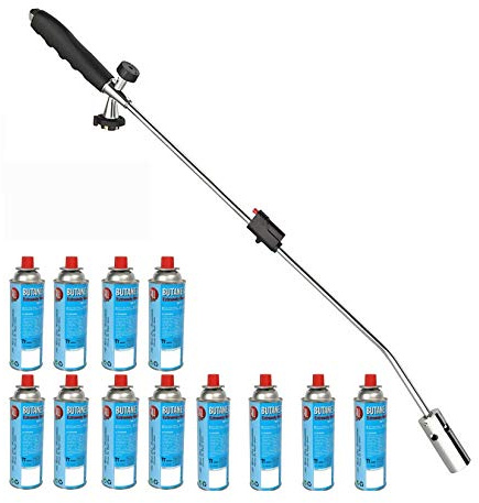 Kinzo Désherbeur de mauvaises herbes 80 cm avec 10 cartouches de gaz butane de 227 g chacune, brûleur à gaz avec allumage piézoélectrique, brûleur max. 1000 °C, brûleur