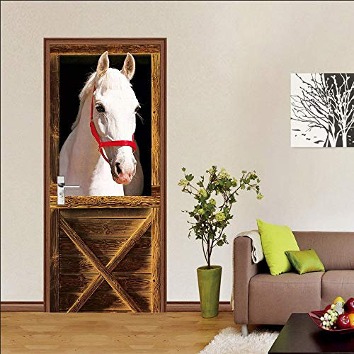 EKSDG Etiqueta De La Puerta Pegatinas De Pared Autoadhesiva Mural Poster Creativa 77X200CM Caballo Blanco 3D Impermeable Vinilo Decal Sala De Estar Dormitorio Decoración Del Hogar