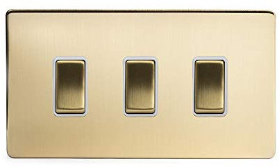 Soho Lighting Brushed Brass Gold 3 Gang Light Switch Double Plate Wht Ins Screwless