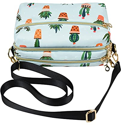 YANAIER Damen Umhängetasche Klein Mini Bag Sling Tasche Handtasche Frauen Mädchen Tasche mit Vielen Praktischen Taschen Nylon Schultertasche Grüner Kaktus