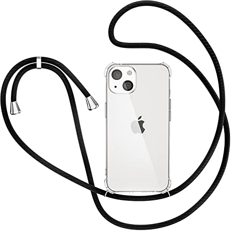 XTCASE Funda para iPhone 13 con Cuerda, Carcasa Transparente Suave TPU Silicona Case con Colgante Correa Ajustable Colgar Collar Correa de Cuello Cadena Cordón, Negro