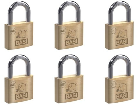 BASI | Vorhangschloss 6er Set | 30 mm | verschiedenschließend | massives Messing-Gehäuse | gehärteter Stahlbügel | sicheres Vorhängeschloss | Bügelstärke 5 mm | 6 Stück