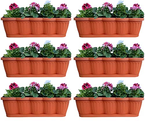 Hossi's Wholesale 6er Set Blumenkasten 60cm, Balkonkasten mit Wasserspeicher, Pflanzkasten Terracotta im Wellendesign mit passendem Bewässerungsuntersetzer