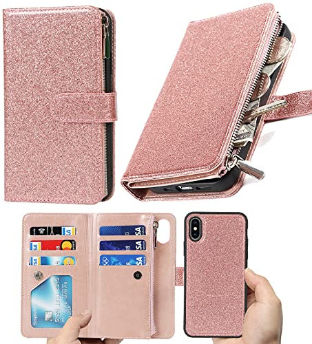 Havaya iPhone X/XS case, detachable leather wallet with card holder, drawstring bracelet, 6 (card slots) with zipper - purple