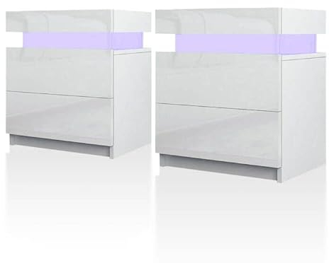 TUKAILAi Set of 2 White Bedside Table with 2 Drawers and Top Storage, Modern Gloss Front Bedside Cabinet with LED Lights Nightstand for Bedroom Living Room
