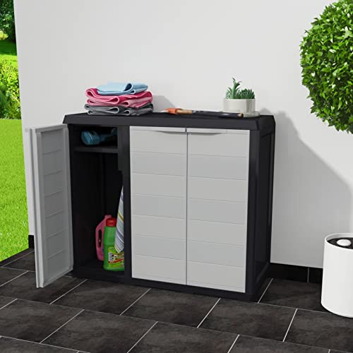 Tidyard Gartenschrank mit 2 Regalen Garten Aufbewahrungsschrank Außenschrank Haushaltsschrank Kunststoffschrank Spindschrank Spind Terrassenschrank Balkonschrank Schwarz und Grau