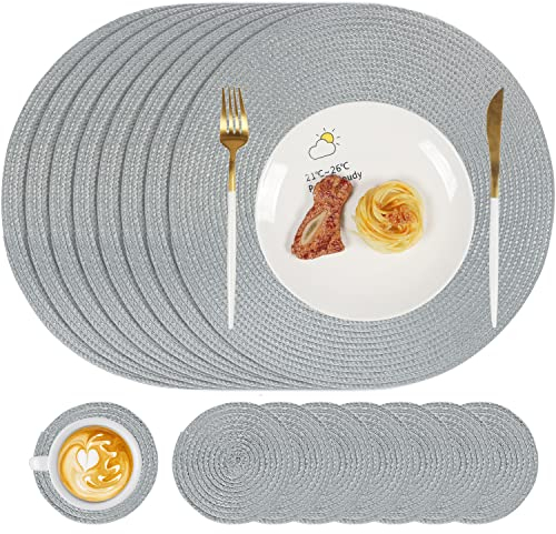 famibay Lot de 8 sets de table et dessous de verre ronds tissés lavables résistants à la chaleur Gris