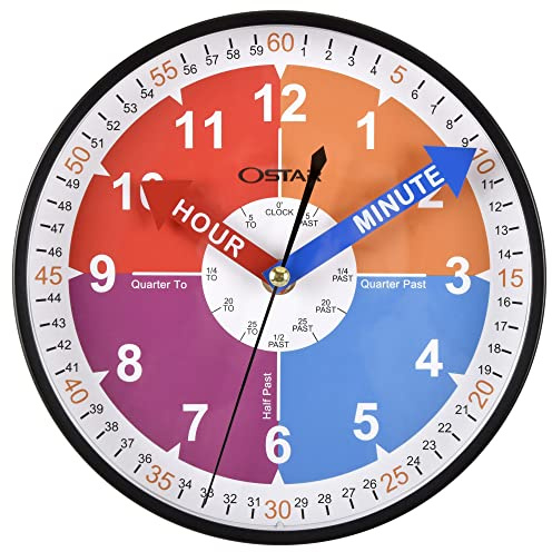 OSTAR Telling Time Teaching Wall Clock, Hanging Stand Dual Purpose，Battery Operated Analog Silent Learning Clock for Kids Room Decor